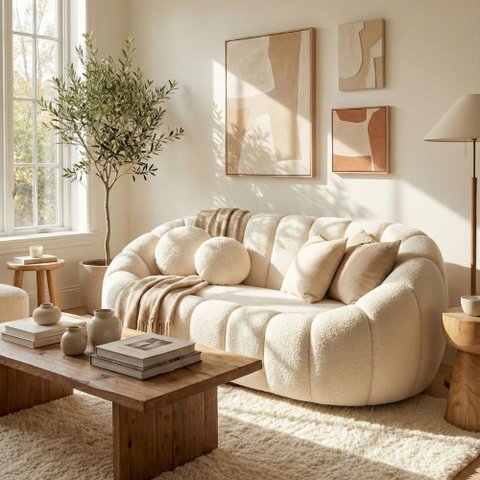 Sofá Curvo Orgânico Confortável Concha Bouclê Bege - Vimont Moveis