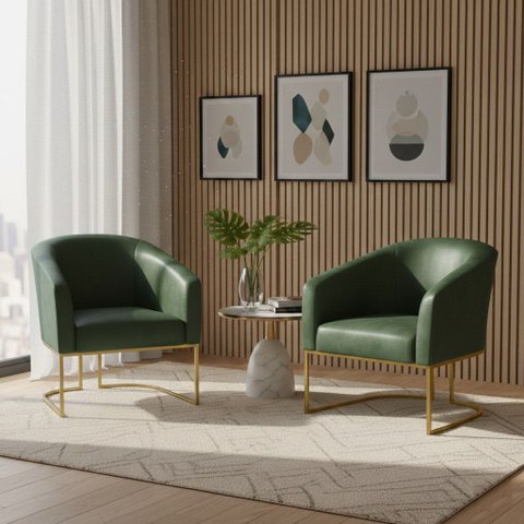 Poltrona Sala Decorativa Kit 2 Stella Base Industrial Dourada Sintético Pu Verde D03 - D’Rossi