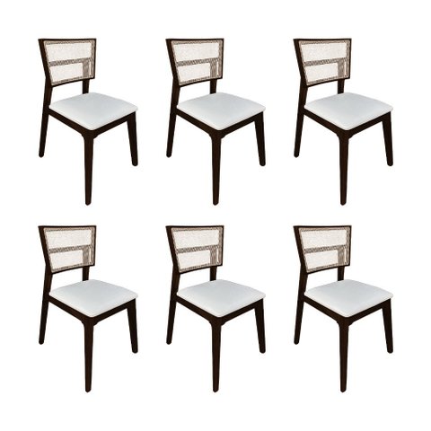 Kit 6 Cadeiras de Jantar Madeira Maciça Castanho Manuela Assento Facto Branco Tela Premium