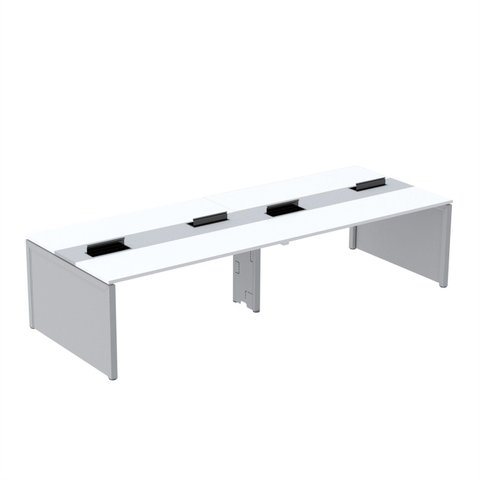 Estação de Trabalho Mesa Plataforma Escritório para 4 Pessoas Dupla com Caixa de Tomada Pé Painel Branco/Cinza