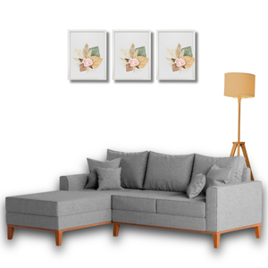 Sofá Beny com Chaise Esquerda, 3 Lugares, Estofado em Linho, Base em Madeira, 1,40x2,00