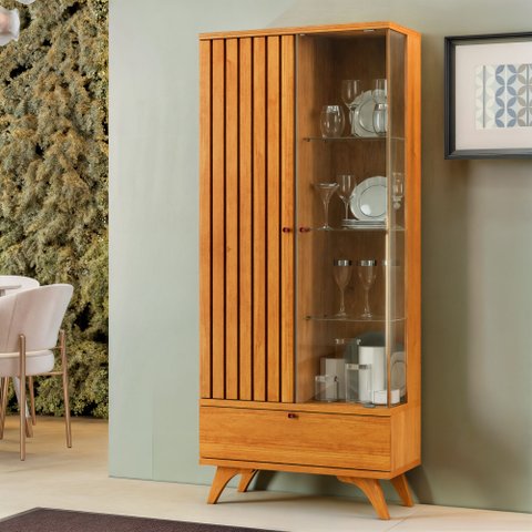 Cristaleira Versa 100% MDF 1 Porta Ripada e 1 Gaveta Pés Madeira Maciça