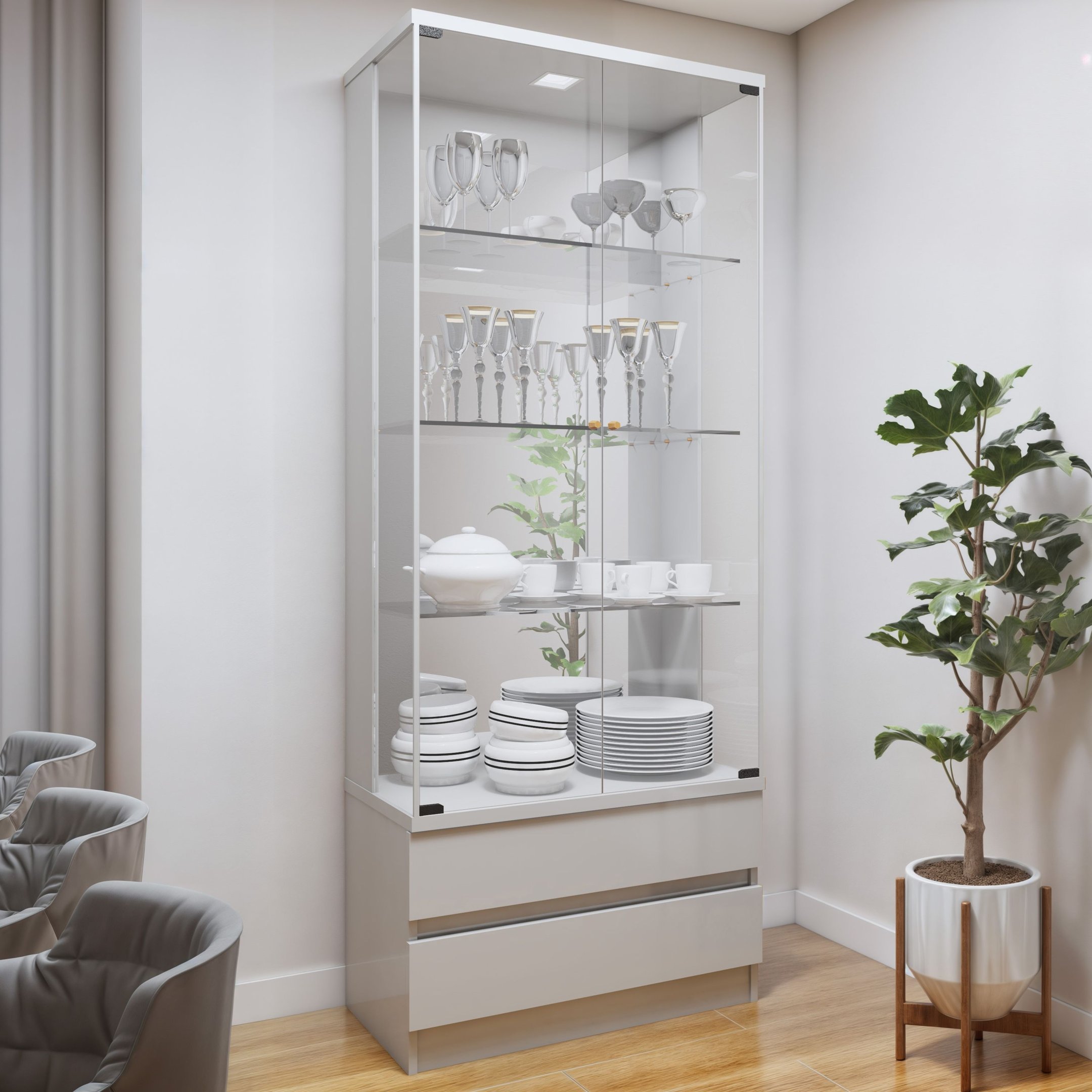 Cristaleira 100%MDF com Espelho e Led 2 Gavetas Lisboa | MadeiraMadeira