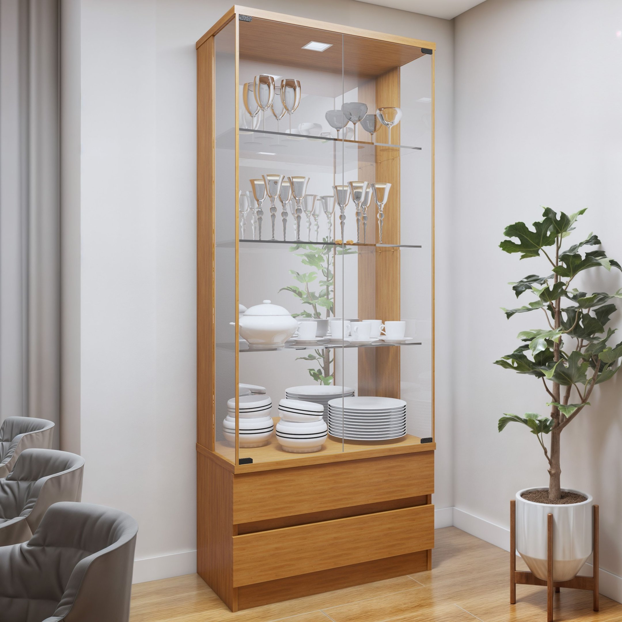 Cristaleira 100%MDF com Espelho e Led 2 Gavetas Lisboa