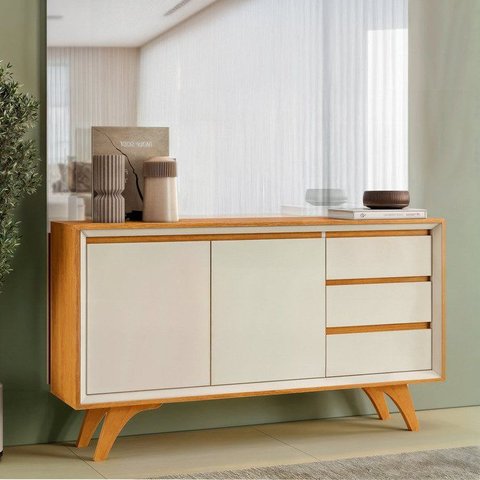 Buffet para Sala de Jantar Laqueado 100% MDF 2 Portas Pés Madeira Maciça Piazza