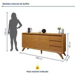 Buffet para Sala de Jantar 100% MDF 3 Portas Pés em Madeira Maciça Piazza - 8