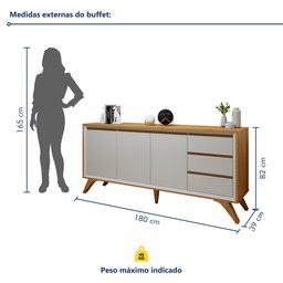 Buffet para Sala de Jantar 100%MDF  3 Portas Pés em Madeira Maciça Piazza - 8