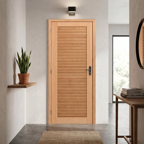 Kit Porta Pronta Maciça de Eucalipto 214x87x14cm Abertura Esquerda Veneziana Marrom