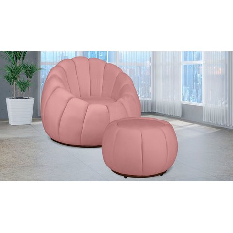 Kit Poltrona c/ Puff Concha Veludo Rosa