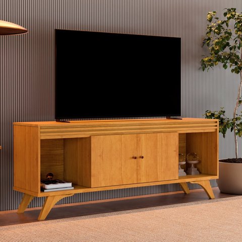 Rack Ripado para TV até 65 Polegadas 100% MDF 160cm Pés em Madeira Maciça 2 Portas Madrid