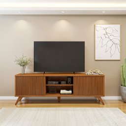 Rack Ripado para TV até 75 Polegadas 100% MDF 180cm Pés em Madeira Maciça 2 Portas de Correr Gaia - 1 Rack Ripado para TV até 75 Polegadas 100% MDF 180cm Pés em Madeira Maciça 2 Portas de Correr Gaia - 1