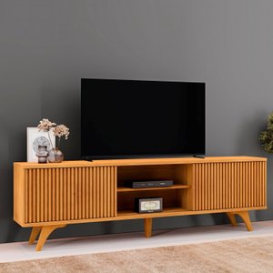 Rack para TV até 75 Polegadas 100% MDF com Ripado 2 Portas de Correr  180cm Pés Madeira Maciça Gaia
