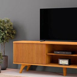 Rack para TV até 75 Polegadas 100% MDF com Ripado 2 Portas de Correr  180cm Pés Madeira Maciça Gaia - 8