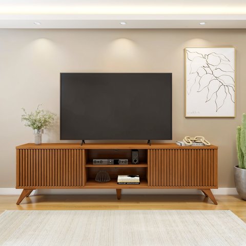 Rack Ripado para TV até 75 Polegadas 100% MDF 218cm Pés em Madeira Maciça 2 Portas de Correr Gaia