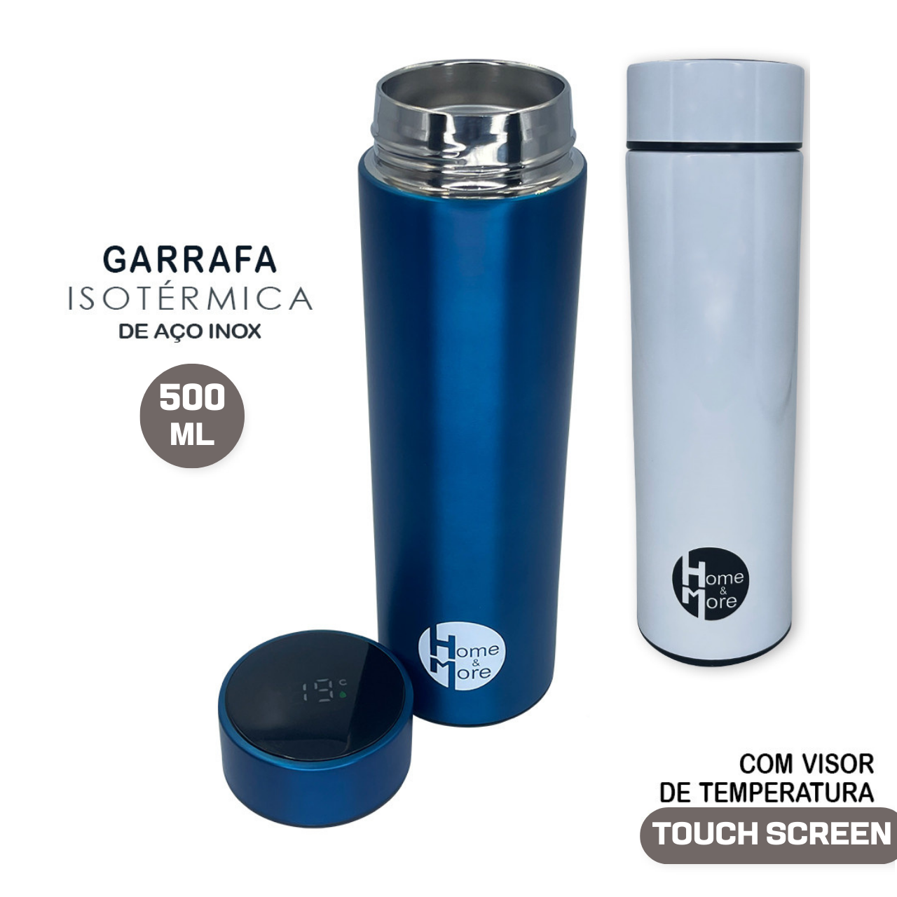 Conjunto de 2 Garrafas Térmicas Aço Inox 500ml Cores Branca e Azul ...