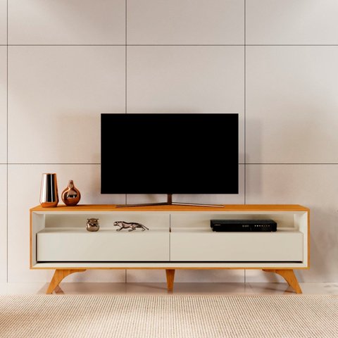 Rack para TV até 75 Polegadas 100% MDF 180cm Pés em Madeira Maciça Laqueado 2 Gavetas Áustria Marrom