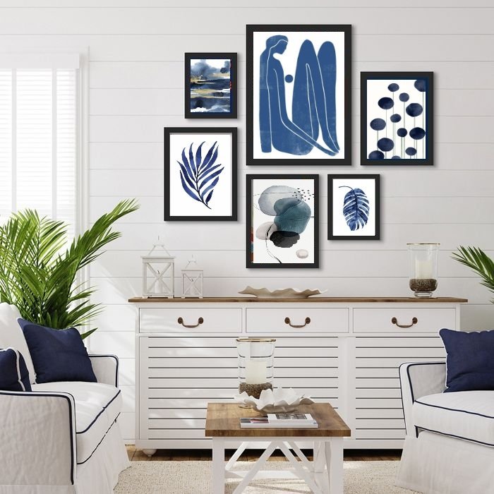 Composição Quadros Decorativos Sala Artes azuis - com Vidro:madeira Preta