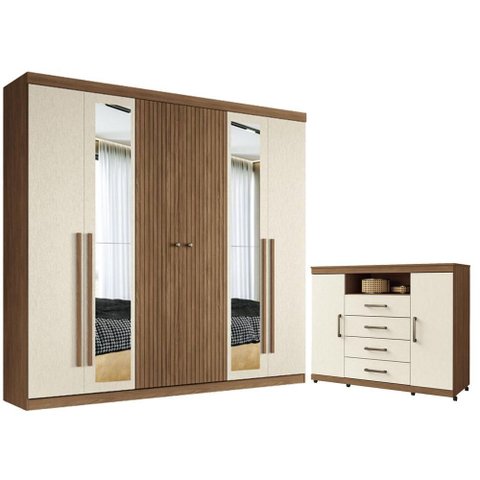 Guarda Roupa Casal Ripado 6 Portas Buriti com Espelho e Cômoda Havana Master com Rodizio Jatobá