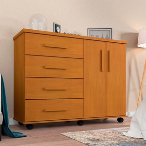 Cômoda Geval Encanto Mdf com 04 Gavetas 02 Portas e Rodízios - Nature