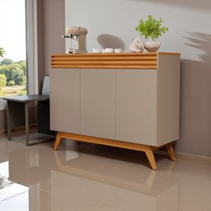Aparador Buffet Balcão 3 Portas Ripado 2 Prateleiras Pés e Base Madeira Maciça:gris/nature