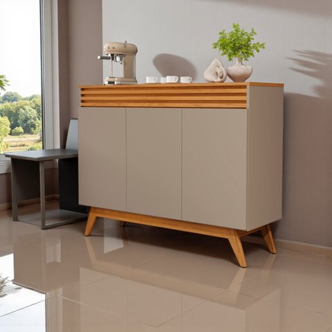 Aparador Buffet Balcão 3 Portas Ripado 2 Prateleiras Pés e Base Madeira Maciça:gris/nature