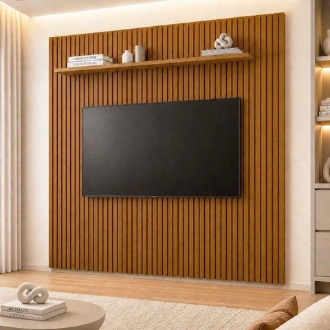 Painel Ripado para TV até 75 Polegadas 100% MDF 228CMX250CM sem LED com Prateleira Paris Marrom