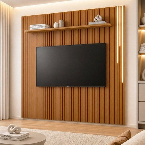 Painel Ripado para TV até 75 Polegadas 100% MDF com LED 228CMX250CM LED com Prateleira Paris Marrom