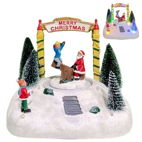 Enfeite Natalino Natal Parque Gangorra Papai Noel Movimento Luz Led Musical Arvore Pinheiro Neve Dec