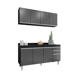 Kit Cozinha Balcão e Aéreo 160cm C/ Tampo Cor - Vallisa Decor:preto/grafite