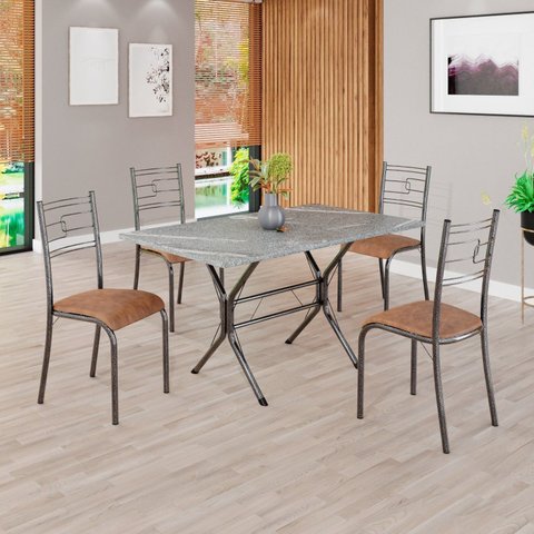 Conjunto Sala de Jantar Mesa Retangular 120x75cm Tampo Granito Topázio 4 Cadeiras Paraty Prata/C. Marrom/Mart