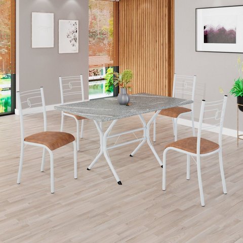 Conjunto Sala de Jantar Mesa Retangular 120x75cm Tampo Granito Topázio 4 Cadeiras Paraty Branco/C. Marrom