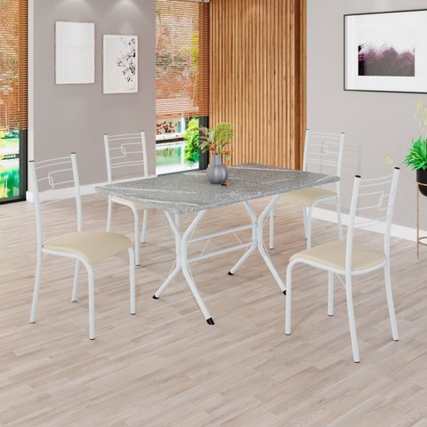 Conjunto Sala de Jantar Mesa Retangular 120x75cm Tampo Granito Topázio 4 Cadeiras Paraty Branco/Creme