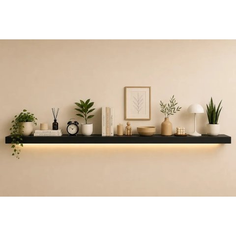 Prateleira MDF 45mm LED 250x20 Suporte Invisivel Preto Fosco 3000k Bivolt