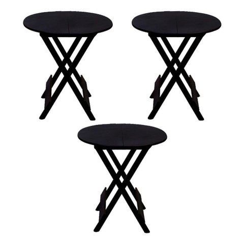 Kit 3 Mesas Redondas Dobráveis Em Madeira Maciça 70X70 Preto Ideal Para Bares E Restaurantes
