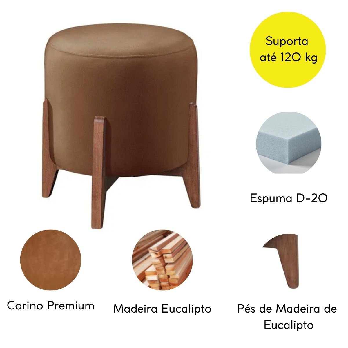 Kit 2 Puff Decorativo para Sala Redondo Luxo Roma Corino:caramelo - 4