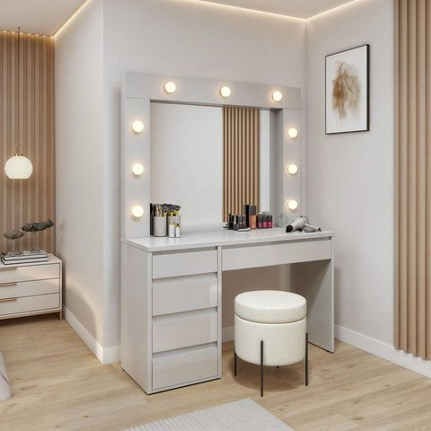 Penteadeira Camarim com Espelho e Lampada 5 Gavetas 100% MDF Anne Bege/Off White
