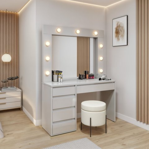 Penteadeira Camarim com Espelho e Lampada 5 Gavetas 100% MDF Anne Naturalle