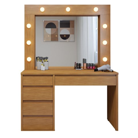 Penteadeira Camarim com Espelho e Lampada 5 Gavetas 100% MDF Anne Naturalle
