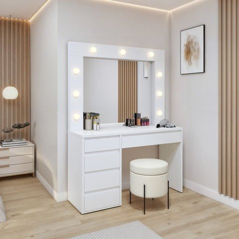 Penteadeira Camarim com Espelho e Lampada 5 Gavetas 100% MDF Anne Branco/Acetinado