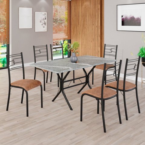 Conjunto Sala de Jantar Mesa Retangular 140x75cm Tampo Granito Topázio 6 Cadeiras Paraty Marrom/C./Preto Fosco