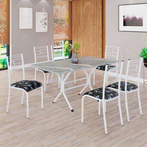 Conjunto Sala de Jantar Mesa Retangular 140x75cm Tampo Granito Topázio 6 Cadeiras Paraty Branco/Preto Floral