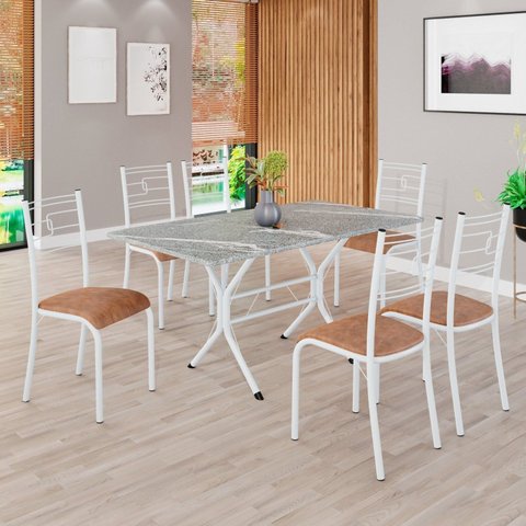 Conjunto Sala de Jantar Mesa Retangular 140x75cm Tampo Granito Topázio 6 Cadeiras Paraty Branco/C. Marrom