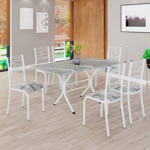 Conjunto Sala de Jantar Mesa Retangular 140x75cm Tampo Granito Topázio 6 Cadeiras Paraty Branco/Paraopeba