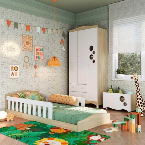Cama Infantil com Guarda Roupa 3 Portas e Caixa Organizadora Cor:carvalho Araguaia com Branco