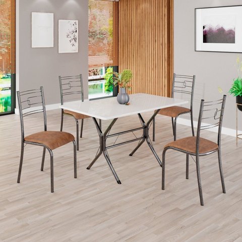 Conjunto Sala de Jantar Mesa Retangular 100x60cm Tampo Madeira MDP 4 Cadeiras Paraty Prata/C. Marrom/Mart
