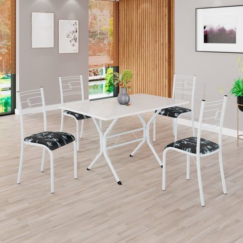 Conjunto Sala de Jantar Mesa Retangular 100x60cm Tampo Madeira MDP 4 Cadeiras Paraty Branco/Preto Floral