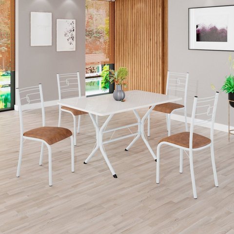 Conjunto Sala de Jantar Mesa Retangular 100x60cm Tampo Madeira MDP 4 Cadeiras Paraty Branco/C. Marrom