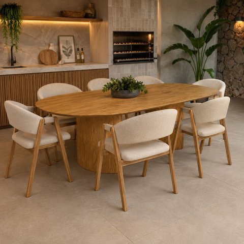 Conjunto Jantar Mesa 180cm Oval + 6 Cadeiras Rustica Organica Cozinha Sala Grande:Linho Areia