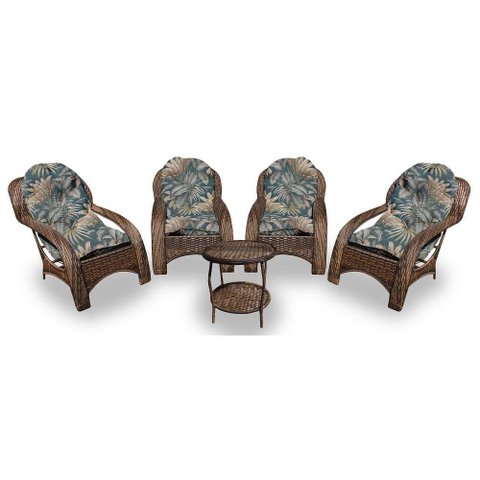Conjunto de Poltronas Fibra Sintética Espreguiçadeira - 4 Poltronas + 1 Mesa Centro - Tecido Palmare