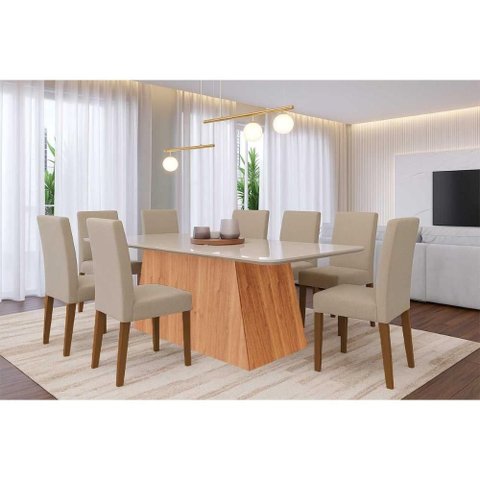 Conjunto: Mesa Sala Jantar Helena Tampo Madeirado C/ Vidro 210x100cm e 8 Cadeiras Maia Cinamomo/off